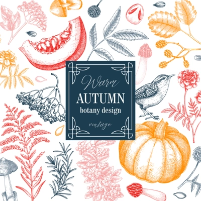 Vintage autumn card design. Thanksgiving background. Fall leaves, pumpkins, berries, mushrooms sketches. Hand-drawn vector illustration. NOT AI generated